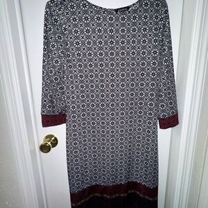 George Black and White Long Sleeve Dress with Red Accents